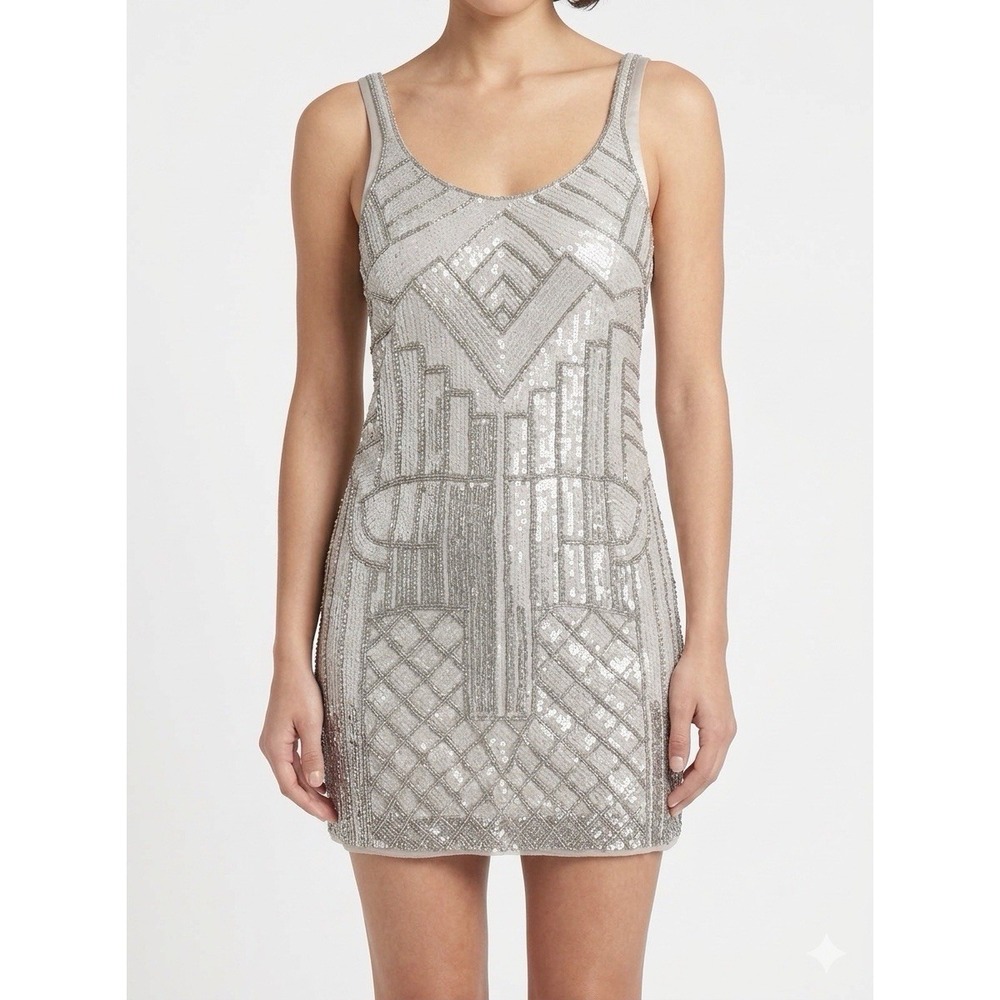 Parker PA 664 EMP Silver Sequin Geometric Art Deco Cocktail Dress M RealReal